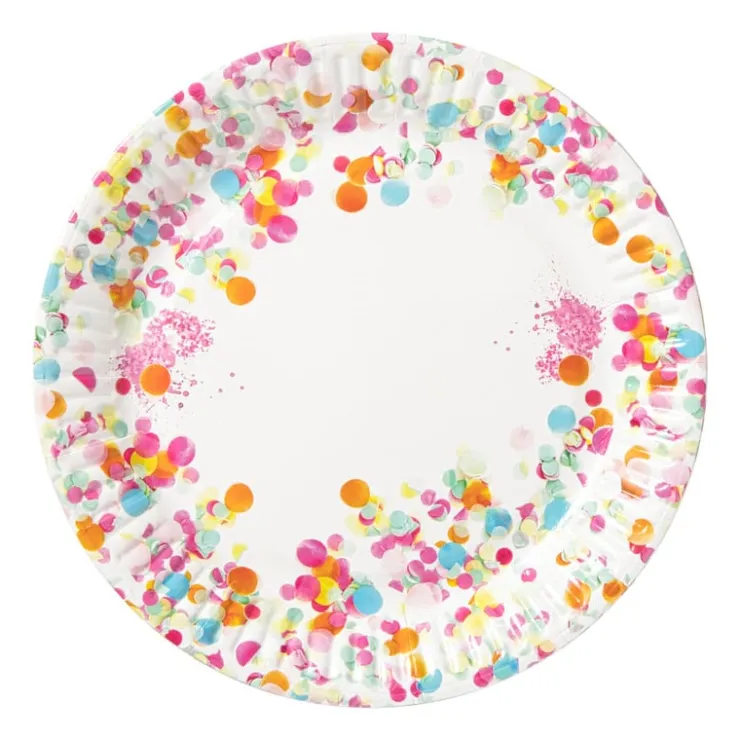 Xenos Papieren bordjes confetti ø18 cm - multikleur - set van 8- Wegwerpservies