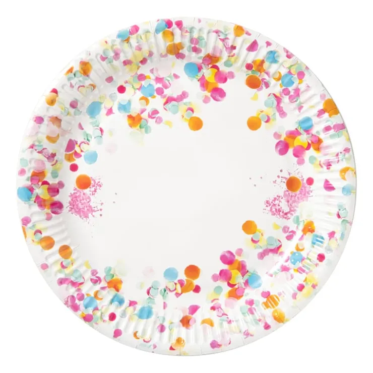 Xenos Papieren bordjes confetti ø23 cm - multikleur - set van 8- Wegwerpservies