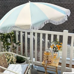 Xenos Parasol gestreept - lichtblauw/wit - ø160x180 cm- Parasols|Strandaccessoires