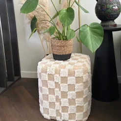 Xenos Poef checks - beige - 38x35x35 cm- Poefjes