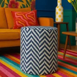 Xenos Poef zigzag - blauw/wit - ø35x38 cm- Poefjes