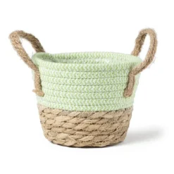 Xenos Rieten mand met hengsel - groen - ø15x16.5 cm- Kerstcadeaus|Manden