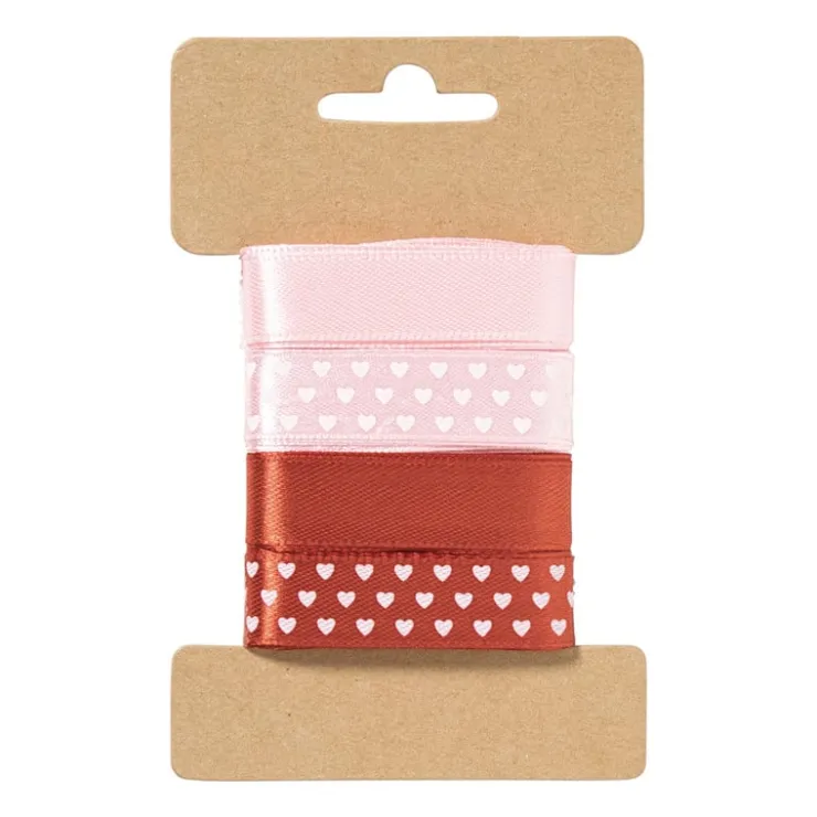 Xenos Satijnen lint 3 meter hartjes - rood - set van 4- Cadeaulinten