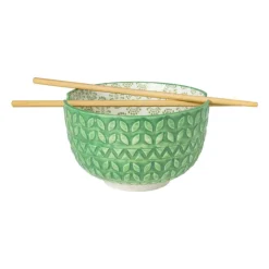 Xenos Schaaltje met eetstokjes - groen/wit - ø14.7x9 cm- Sushi Servies|Schalen