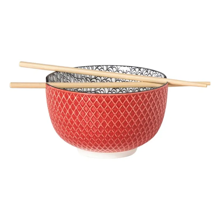 Xenos Schaaltje met eetstokjes Amira - rood/zwart - ø15x9 cm- Sushi|Schalen