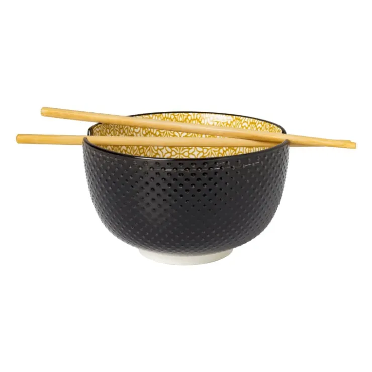 Xenos Schaaltje met eetstokjes - geel/zwart - ø14.7x9 cm- Sushi Servies|Schalen