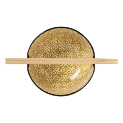 Xenos Schaaltje met eetstokjes - geel/zwart - ø14.7x9 cm- Sushi Servies|Schalen