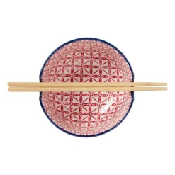 Xenos Schaaltje met eetstokjes - blauw/rood - ø14.7x9 cm- Sushi Servies|Schalen