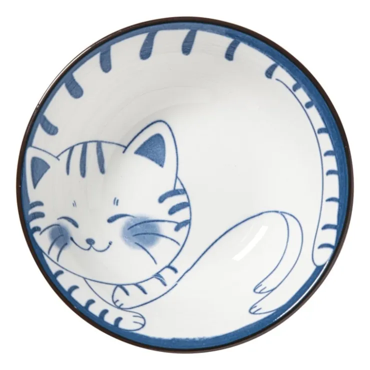 Xenos Schaaltje Mico kat groot - blauw/wit - ø10.8x3.7 cm- Sushi Servies|Schalen
