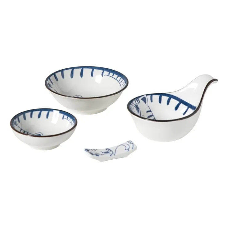 Xenos Schaaltje Mico kat klein - blauw/wit - 3x9.2x9.2 cm- Sushi Servies|Schalen