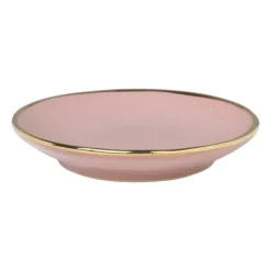 Xenos Schoteltje met gouden rand - roze - ø9 cm- Thee Accessoires