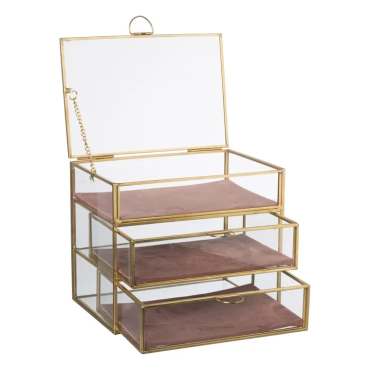 Xenos Sieradendoos met 3 lades - goud/roze - 18x12x15 cm- Sieraden Opbergen