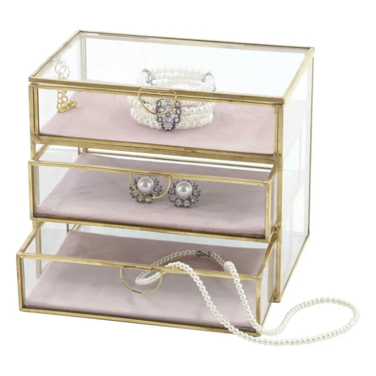 Xenos Sieradendoos met 3 lades - goud/roze - 18x12x15 cm- Sieraden Opbergen