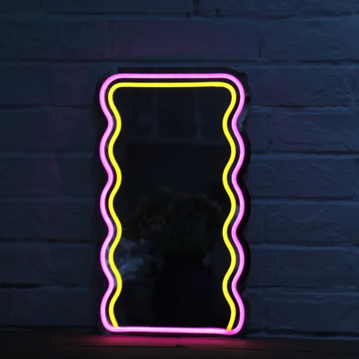Xenos Spiegel met golven LED - geel/roze - 40x23x1.4 cm- Wandspiegels