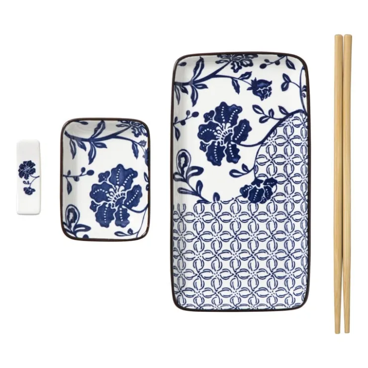 Xenos Sushi set - blauw/wit - 4-delig- Sushi Servies|Kerstcadeaus