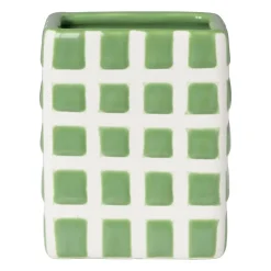 Xenos Tandenborstel beker blokjes - groen/wit - 8.8x7x7 cm- Tandenborstelbekers|Badkamer Accessoires