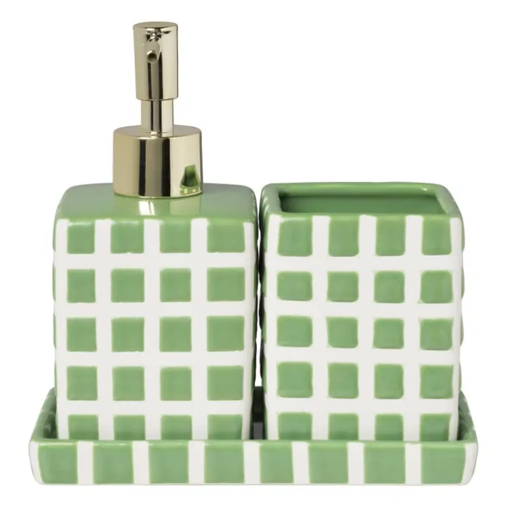 Xenos Tandenborstel beker blokjes - groen/wit - 8.8x7x7 cm- Tandenborstelbekers|Badkamer Accessoires