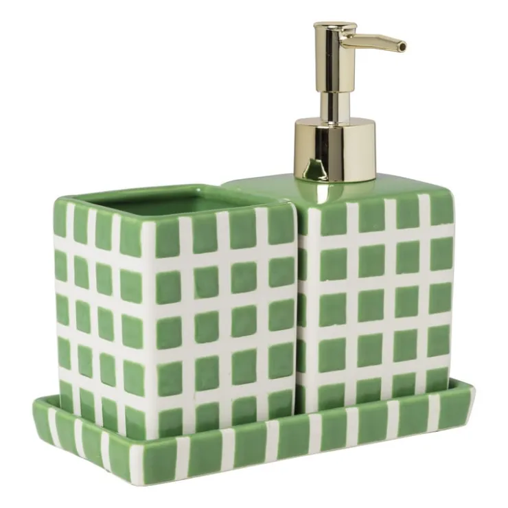 Xenos Tandenborstel beker blokjes - groen/wit - 8.8x7x7 cm- Tandenborstelbekers|Badkamer Accessoires