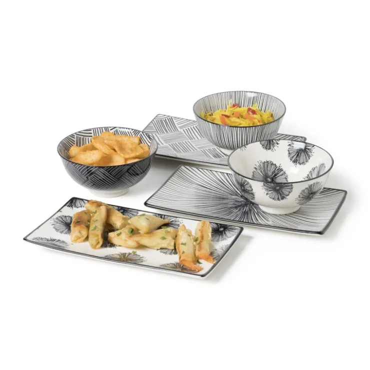 Xenos Tapas bord Sevilla - zwarte lijnen - 21.5x12 cm- Sushi Servies|Tapasservies