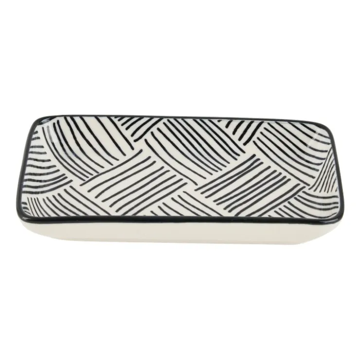 Xenos Tapas schaaltje Sevilla rechthoekig - zwarte streepjes - 12.5x6x5 cm- Sushi Servies|Tapasservies