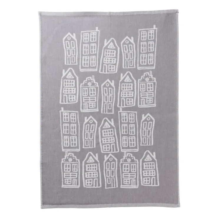 Xenos Theedoek antraciet huisjes - antraciet/wit - 50x70 cm- Thee- En Keukendoeken