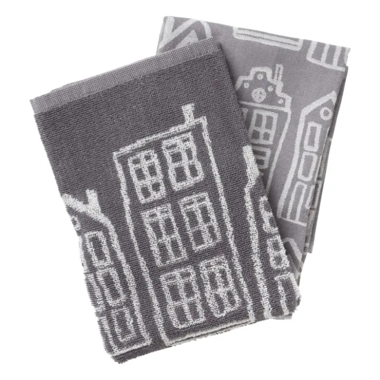 Xenos Theedoek antraciet huisjes - antraciet/wit - 50x70 cm- Thee- En Keukendoeken