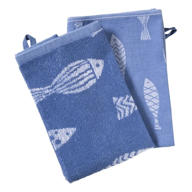 Xenos Theedoek vissen - blauw/wit - 50x70 cm- Thee- En Keukendoeken