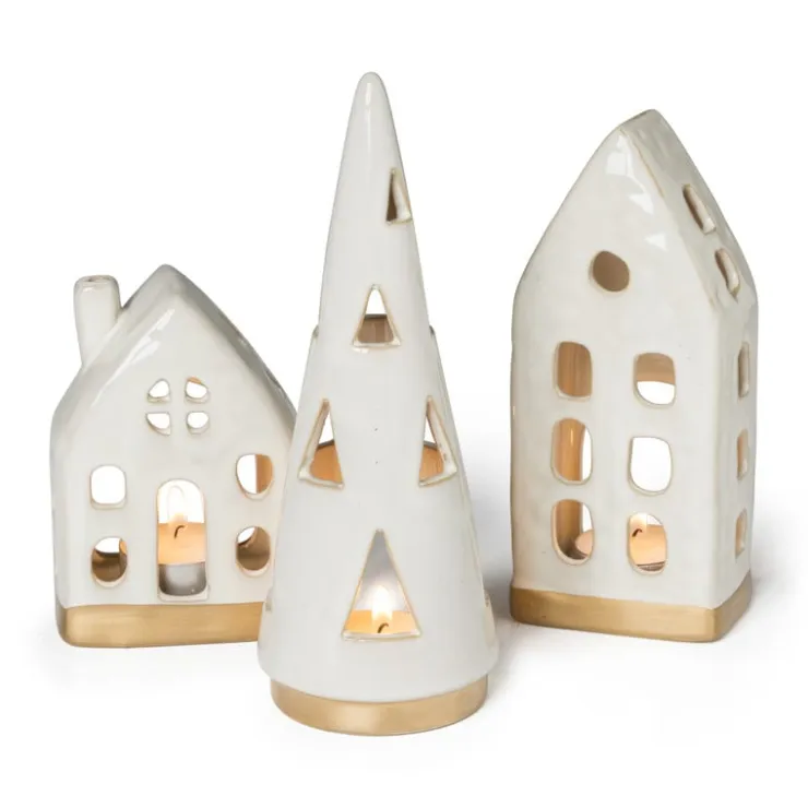 Xenos Theelichthouder huis - glazed - 6.5x4.5x16.5 cm- Kersthuisjes|Waxinelichthouders