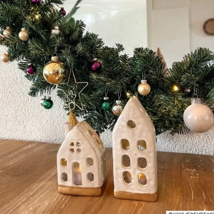 Xenos Theelichthouder huis - glazed - 6.5x4.5x16.5 cm- Kersthuisjes|Waxinelichthouders