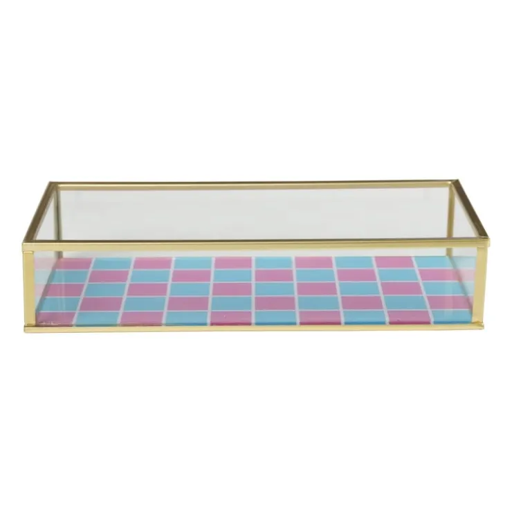 Xenos Tray goud met blokjes klein - goud/roze/blauw- Sieraden Opbergen