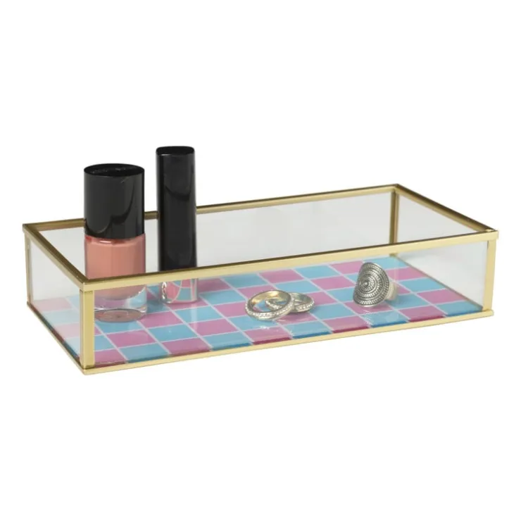 Xenos Tray goud met blokjes klein - goud/roze/blauw- Sieraden Opbergen
