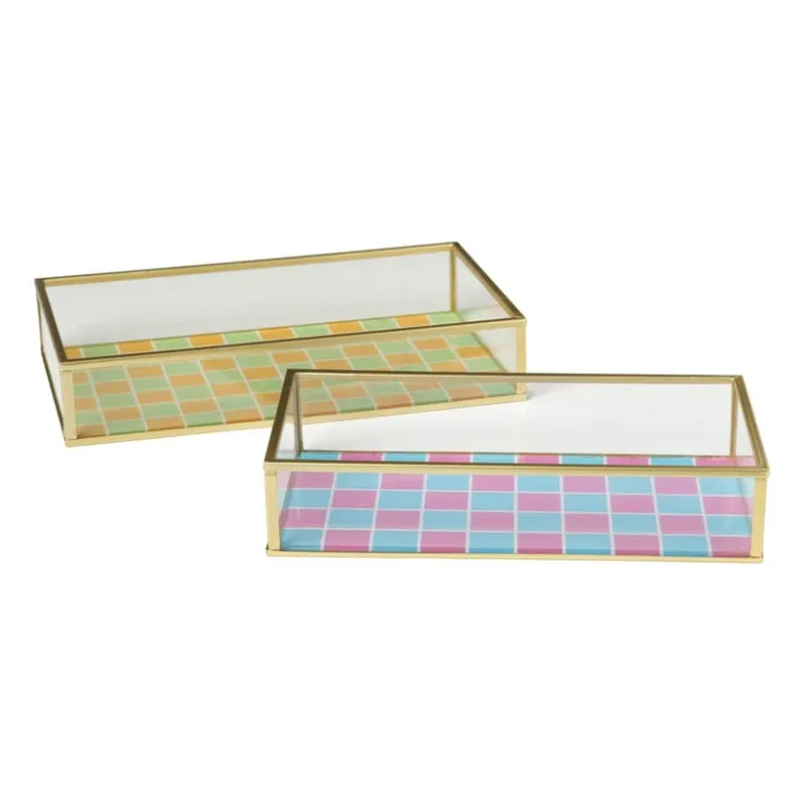 Xenos Tray goud met blokjes klein - goud/roze/blauw- Sieraden Opbergen