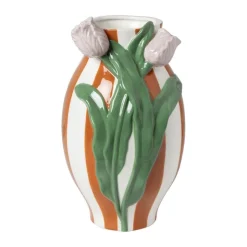 Xenos Vaas gestreept met tulp - oranje/groen/roze - ø15.6x28.5 cm- Vazen|Vazen