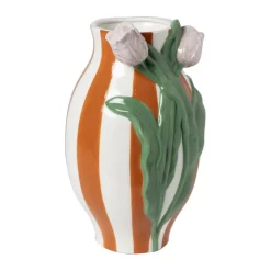 Xenos Vaas gestreept met tulp - oranje/groen/roze - ø15.6x28.5 cm- Vazen|Vazen