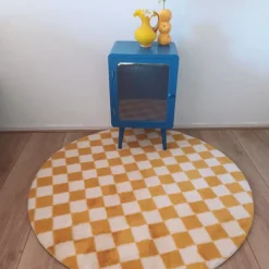 Xenos Vloerkleed checks - geel/wit - ø120 cm- Vloerkleden