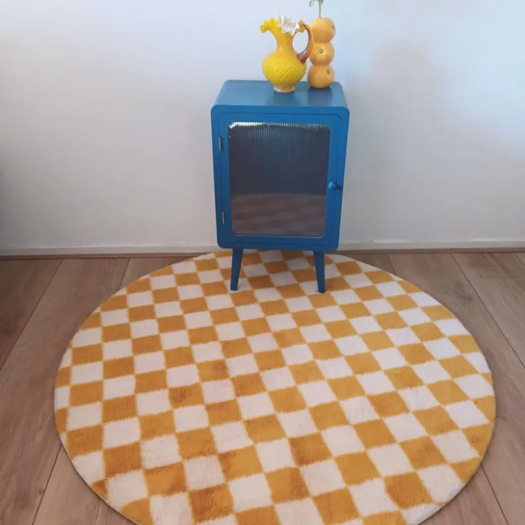 Xenos Vloerkleed checks - geel/wit - ø120 cm- Vloerkleden