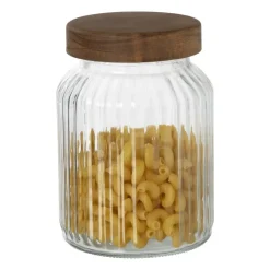 Xenos Voorraadpot ribbel met acacia deksel - ø11x16 cm- Voorraadpotten