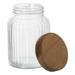 Xenos Voorraadpot ribbel met acacia deksel - ø11x16 cm- Voorraadpotten