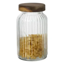 Xenos Voorraadpot ribbel met acacia deksel - ø11x20 cm- Voorraadpotten