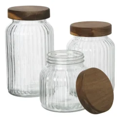 Xenos Voorraadpot ribbel met acacia deksel - ø11x20 cm- Voorraadpotten