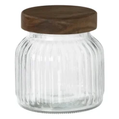 Xenos Voorraadpot ribbel met acacia deksel - ø11x12 cm- Voorraadpotten