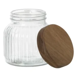 Xenos Voorraadpot ribbel met acacia deksel - ø11x12 cm- Voorraadpotten