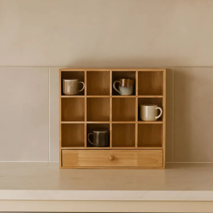 Xenos Wandkastje voor mokken met lade - bruin - 53x50x10 cm- Kerstcadeaus|Vakkenkasten