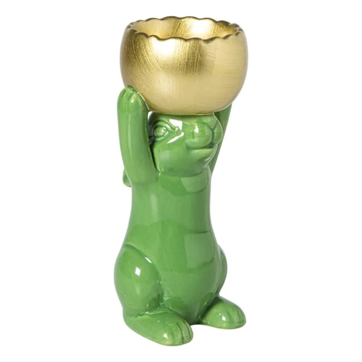 Xenos Waxinelichthouder haas - groen/goudkleurig - 8.5x13x6.5 cm- Waxinelichthouders