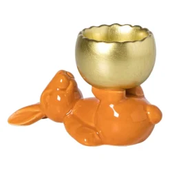 Xenos Waxinelichthouder haas - oranje/goudkleurig - 8.5x13x6.5 cm- Waxinelichthouders