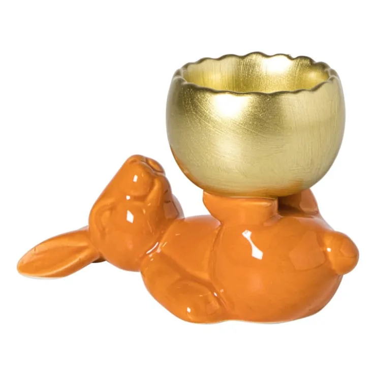 Xenos Waxinelichthouder haas - oranje/goudkleurig - 8.5x13x6.5 cm- Waxinelichthouders