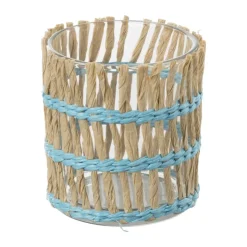 Xenos Waxinelichthouder riet - blauw - ø8x9 cm- Waxinelichthouders