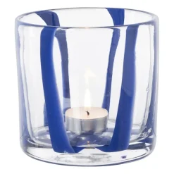 Xenos Waxinelichthouder streep - blauw - ø10x10 cm- Waxinelichthouders