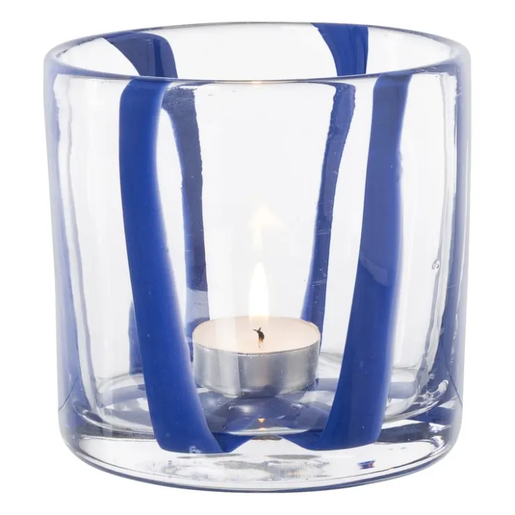 Xenos Waxinelichthouder streep - blauw - ø10x10 cm- Waxinelichthouders