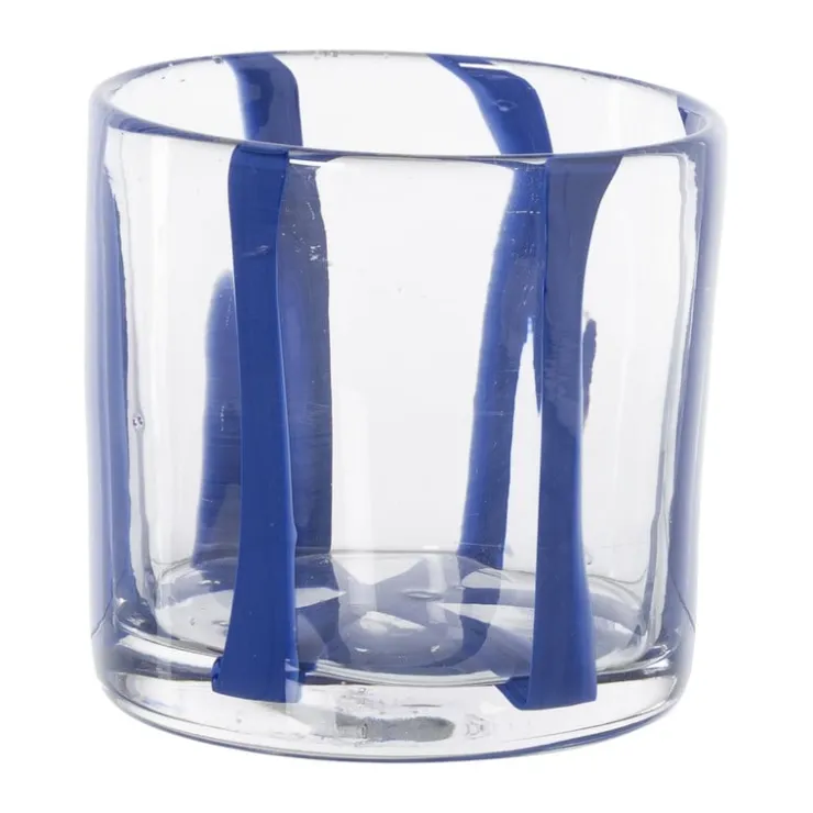 Xenos Waxinelichthouder streep - blauw - ø10x10 cm- Waxinelichthouders